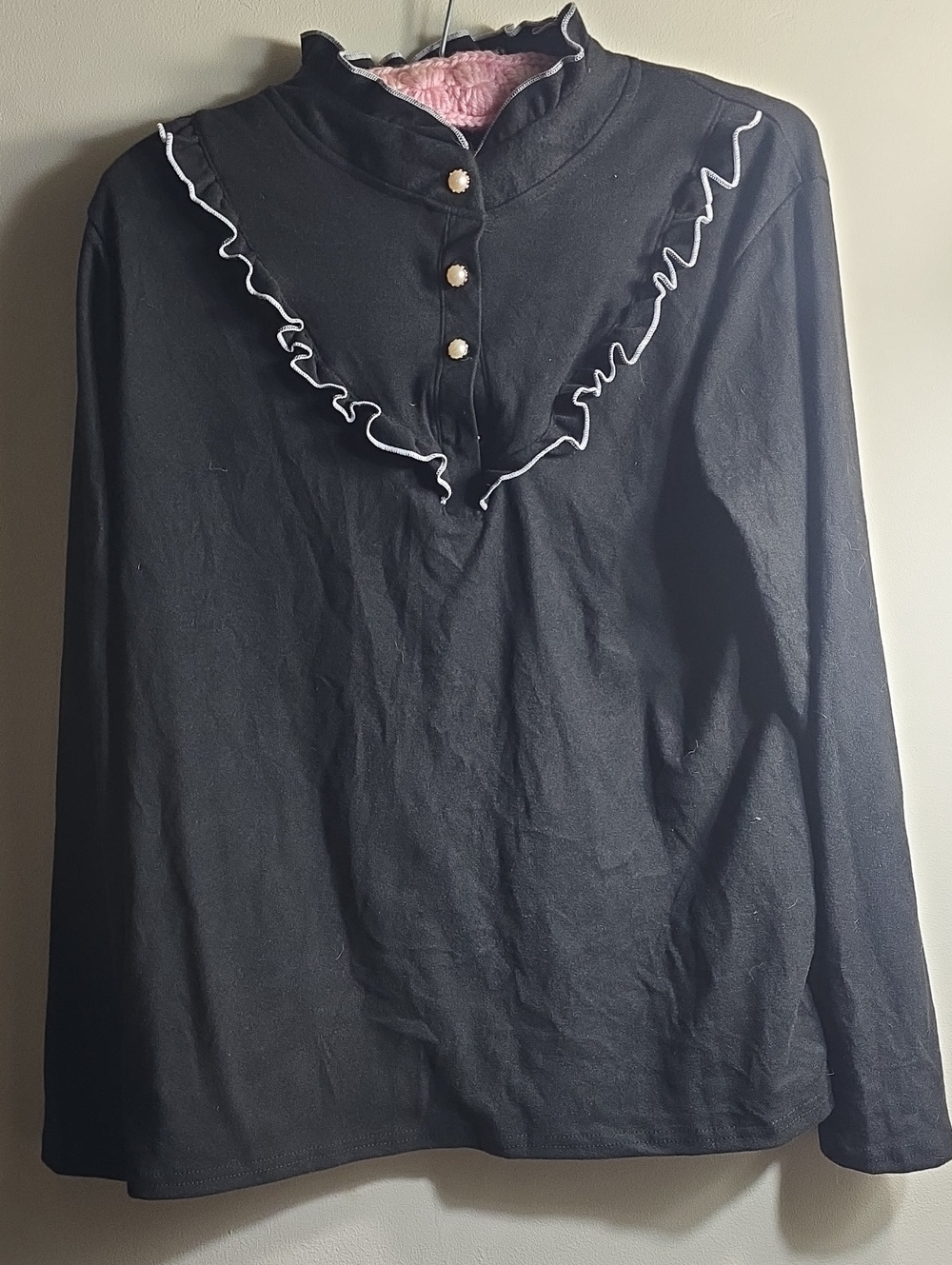 Black Long-Sleeve Ruffle Trim Shirt